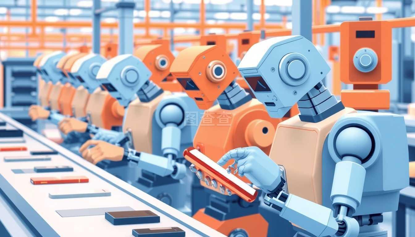 現代工廠生產線抽象方案,專用機械機器人制造和包裝智能手機的彩色矢量圖。現代工廠生產線抽象方案